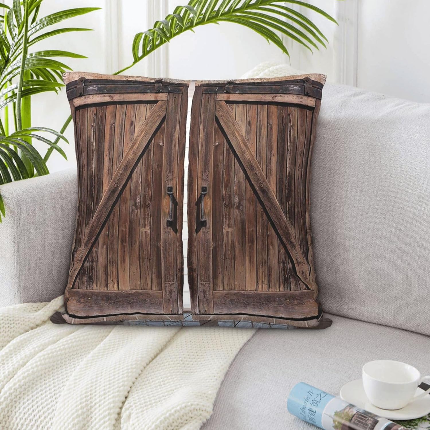 KHiry Decorative Throw Pillow Covers Square Pillow Covers for Sofa Wooden Barn Door in Stone Farmhouse Vintage Throw Pillow Cover Double Sided Plush Pillow Case 22″x22″ Cushion Case for Living Room