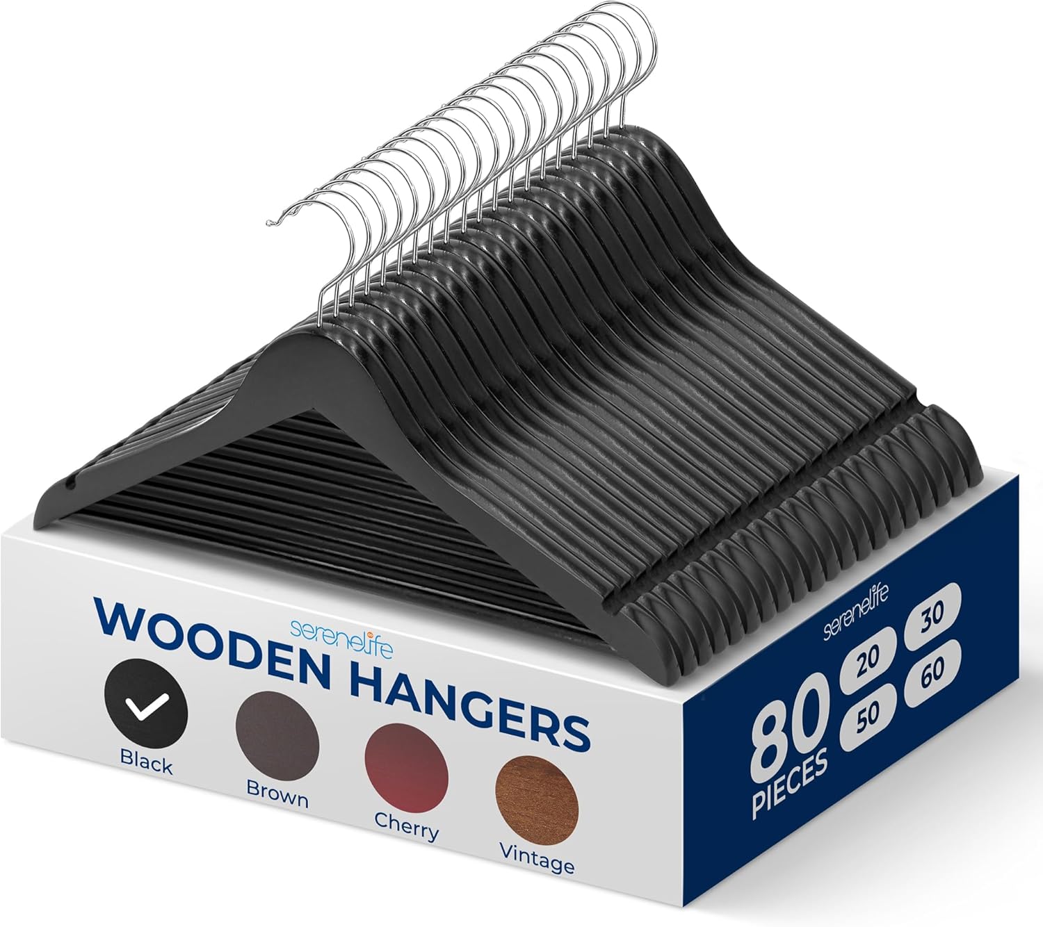 SereneLife 80 Pack Wooden Coat Hangers – Durable Suit Hangers with 360° Swivel Hook & Notches – Slim Design for Shirts, Jackets, Dresses, and More