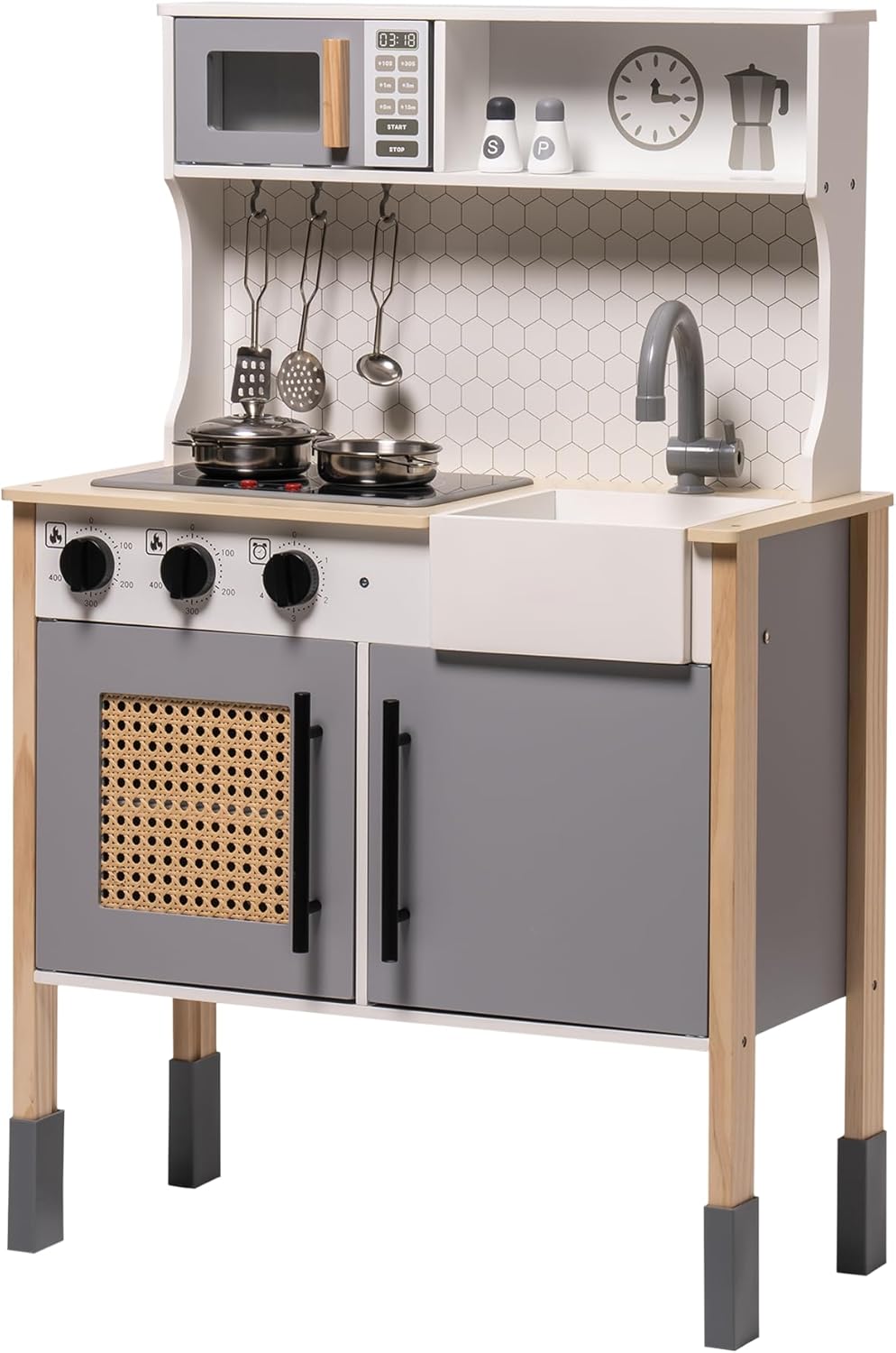 ROBOTIME Wooden Play Kitchen, Kids & Toddlers Kitchen Playset, Kids Play Kitchen Pretend Play Set with Lights & Sounds, Toy Kitchen for Ages 3+ (Gray)