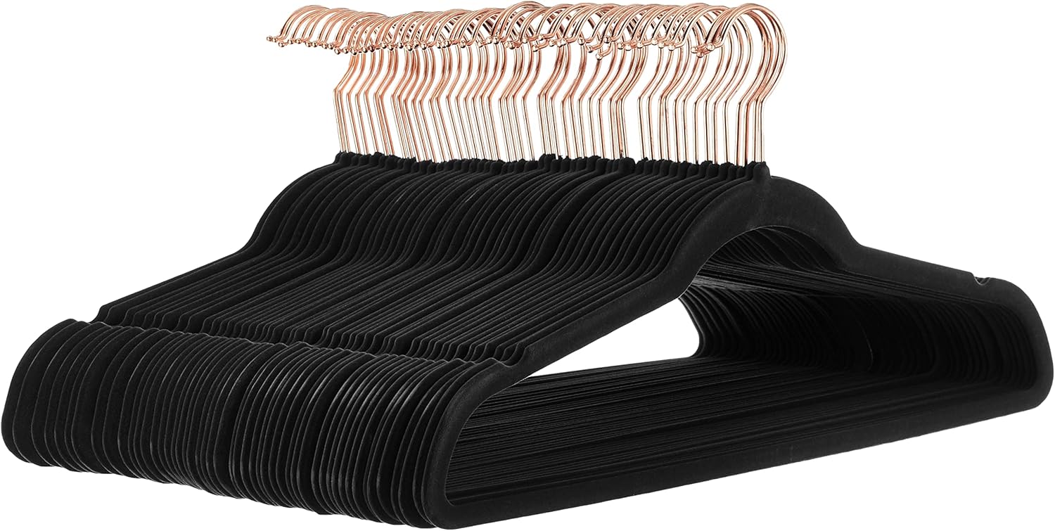 Amazon Basics Slim, Velvet, Non-Slip Suit Clothes Hangers, Black/Rose Gold – Pack of 50