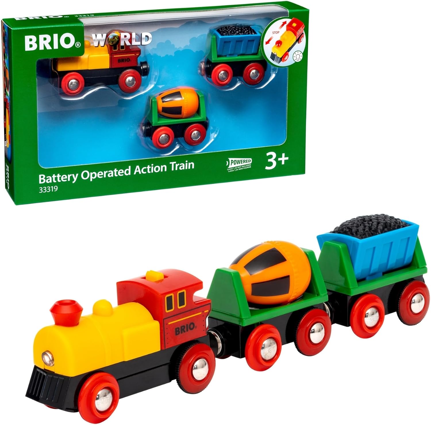BRIO World Battery Operated Action Train – Motorized for Wooden Tracks – Kids Electric Set – Includes Moving Coal Wagon & Rotating Cement Mixer – Compatible with All Sets – Kids Ages 3 & Up