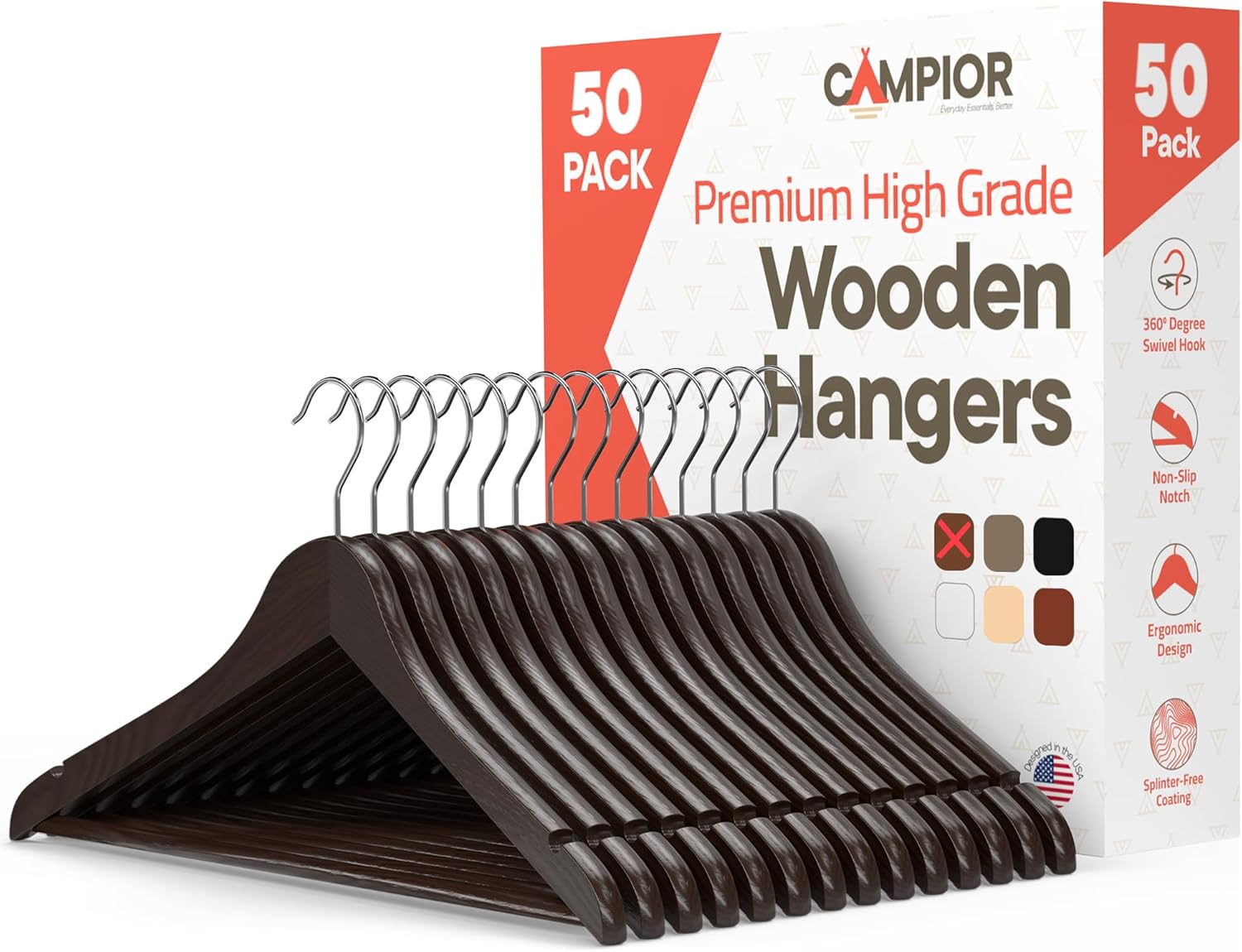 Black Wooden Hangers 50 Pack – Heavy-Duty with 360° Swivel Hook, Non-Slip, Pants Bar & Shoulder Grooves – Wooden Hangers for Suits, Jackets, Dresses & Camisoles, Space-Saving and Smooth Finish