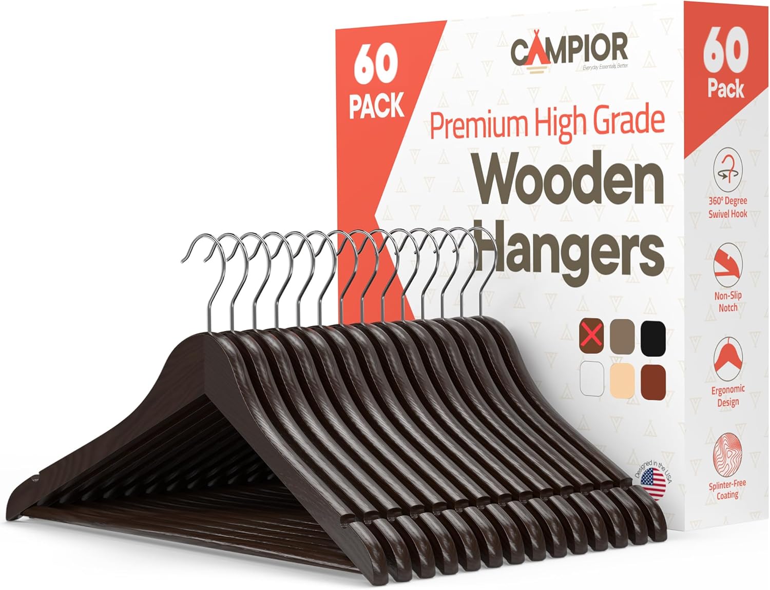 Brown Wooden Hangers 60 Pack – Heavy-Duty with 360° Swivel Hook, Non-Slip, Pants Bar & Shoulder Grooves – Wooden Hangers for Suits, Jackets, Dresses & Camisoles, Space-Saving and Smooth Finish
