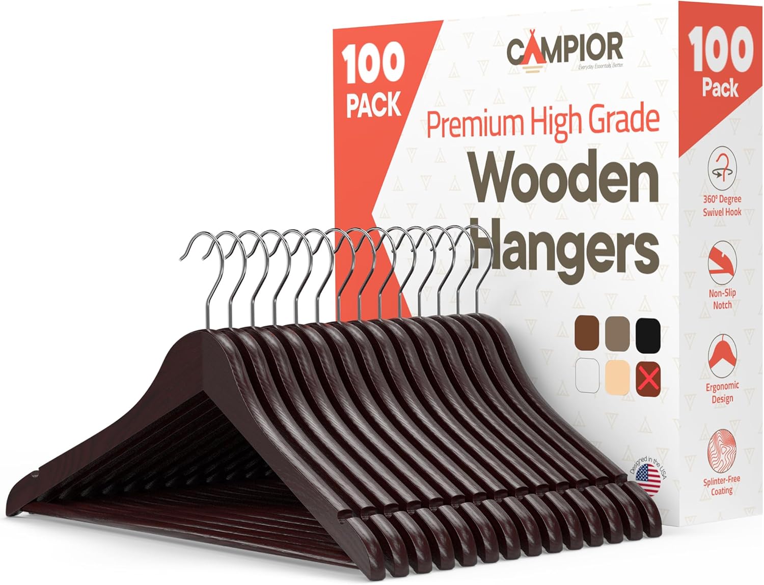 Cherry Wooden Hangers 100 Pack – Heavy-Duty with 360° Swivel Hook, Non-Slip, Pants Bar & Shoulder Grooves – Wooden Hangers for Suits, Jackets, Dresses & Camisoles, Space-Saving and Smooth Finish
