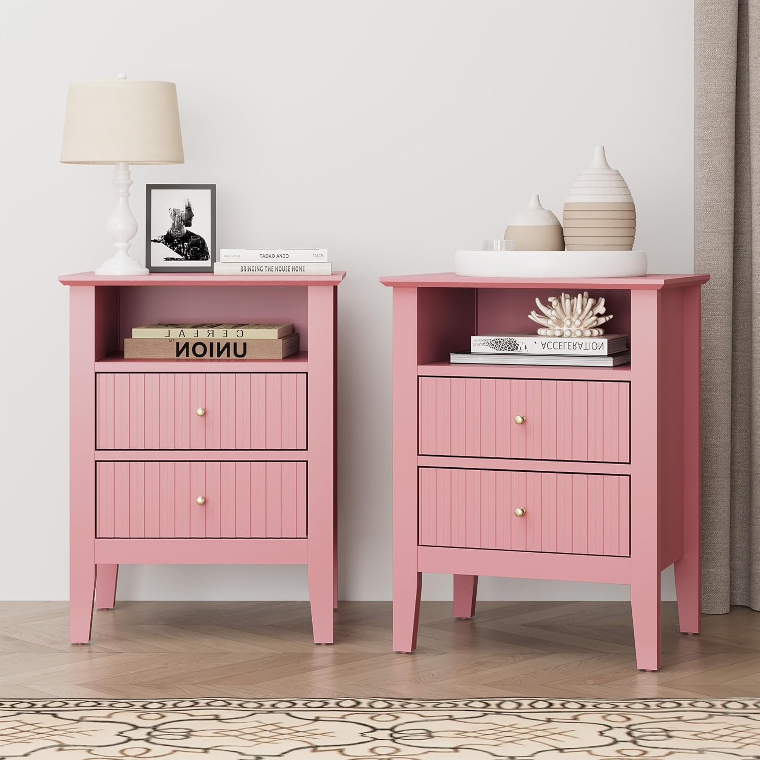 Fluted Nightstand with 2 Drawers Set of 2, Modern Wooden Sofa Table with Storage for Small Spaces, Tall End Table for Bedroom,Living Room, Pink