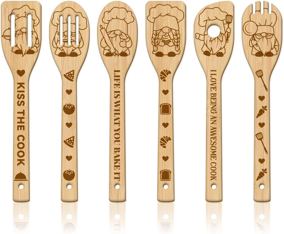GLOBLELAND 6Pcs Cooking Gnome Wooden Spoons Utensil Set Pot Spatula Bamboo Carving Kitchen Cooking Utensils Bread Vegetables Cooking Spatula Set for Kitchen Fun House Warming Gift