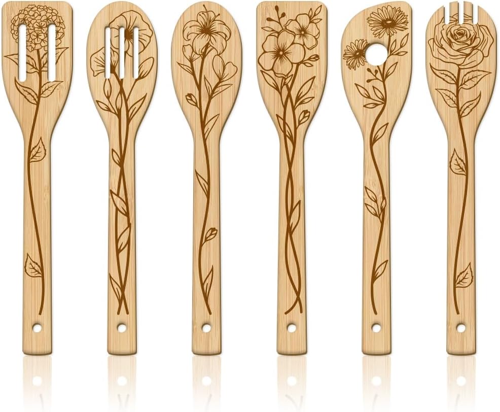 GLOBLELAND 6Pcs Floral Bamboo Cooking Utensils Wooden Flower Engraved Cooking Spoons Set Carving Kitchen Bamboo Spatula Set Wood Cooking Spoon for Kitchen House Warming Gift