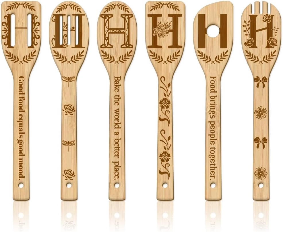 GLOBLELAND 6Pcs Floral Letter H Bamboo Cooking Utensils Wooden Engraved Cooking Spoons Set Flower Pattren Carving Kitchen Bamboo Spatula Set Wood Cooking Spoon for Kitchen House Warming Gift