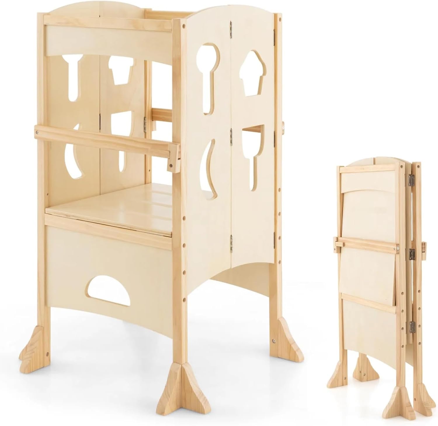 HONEY JOY Kitchen Step Stool for Toddlers, Children Wooden Standing Tower w/Safety Rail, Montessori Foldable Kids Learning Stool for Kitchen Counter(Natural)