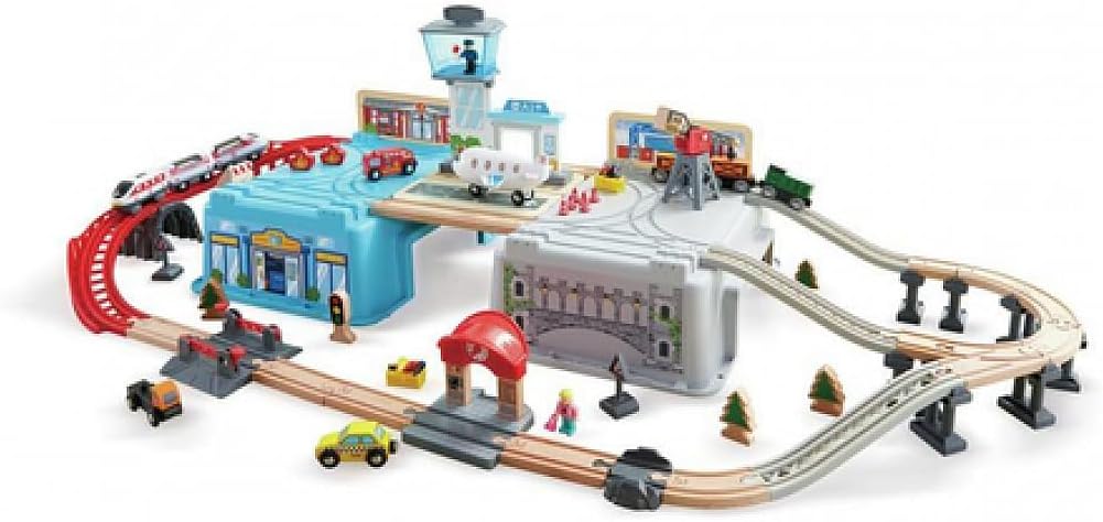 Hape Super Cityscape Transport Bucket Set | Wooden Toy Train Set with City Scenes, Plane, Battery-Powered Engine, for Children 3+ Years