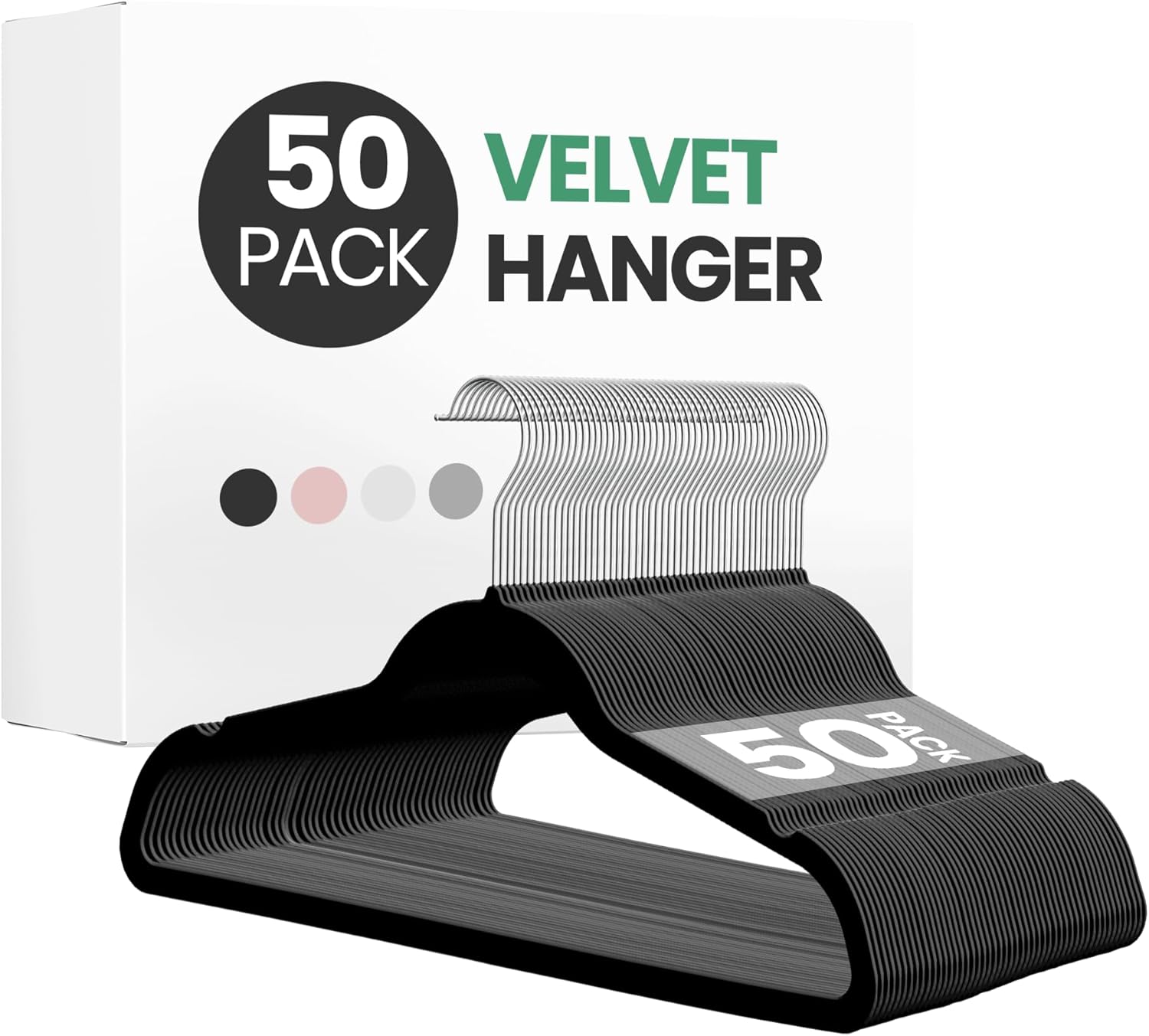 InfiniPower 50 Pack Velvet Hangers, Heavy Duty Clothes Hangers for Coat, Pants & Dress, Non-Slip Hanger Set with Shoulder Notches, 360° Swivel Hook, Space Saving Felt Hangers, Black