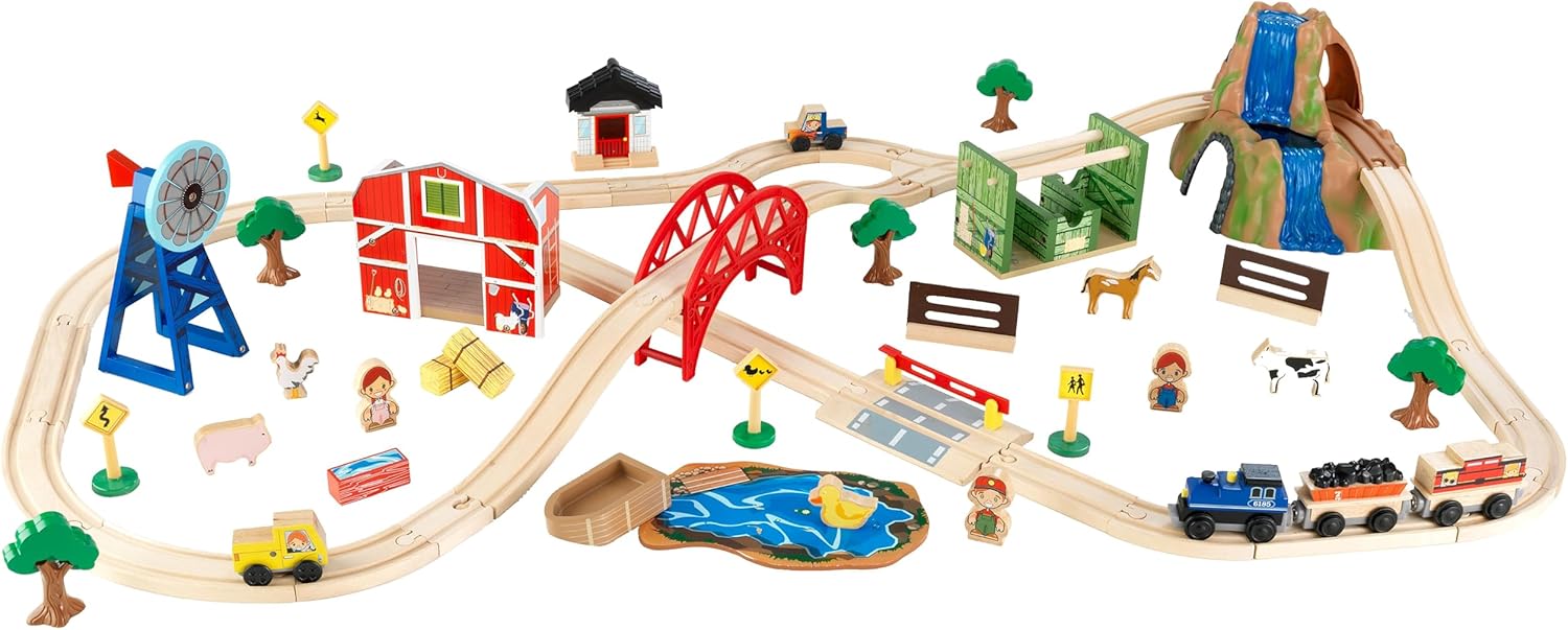 KidKraft Wooden Rural Farm Train Set with 75 Pieces, Children’s Toy Vehicle Playset, Gift for Ages 3+