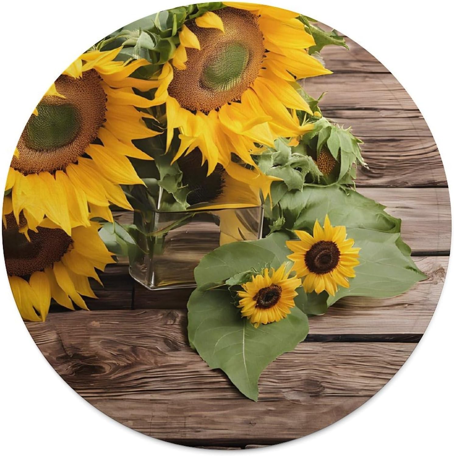 Large Round Fleece Blanket, Anti-Pilling Flannel Throw for Bed, Sofa & Camping, Three Sunflowers on Wooden Circular Blanket for Couples, Pets, Lightweight Travel Blanket for Picnic Yoga Gifts