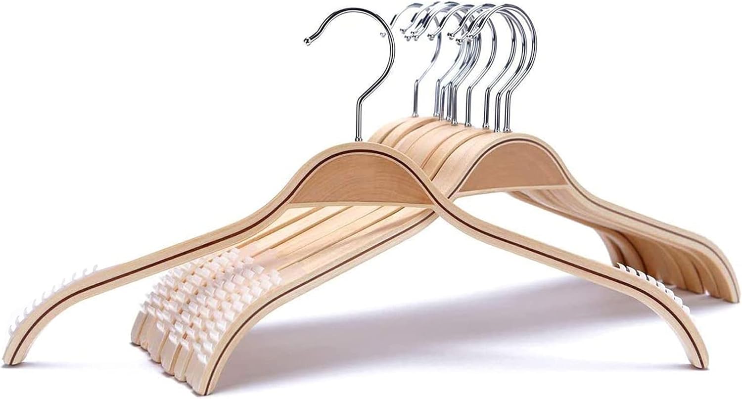 Lightweight Non Slip Wooden Hangers – 10 Pack Heavy Duty Wood Coat Hangers with Soft Stripes for Camisole, Jacket, Dress Clothes, Sweater, Natural Finish