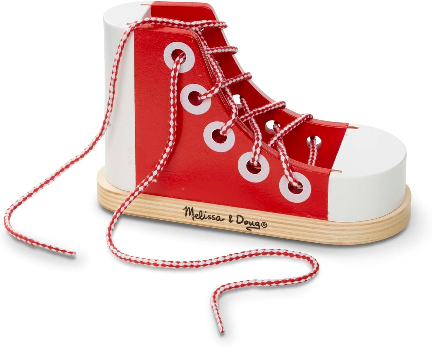 Melissa & Doug Deluxe Wood Lacing Sneaker – Learn to Tie a Shoe Educational Toy – Shoe Tying Practice For Kids, Developmental Toys For Preschoolers And Toddlers,Red