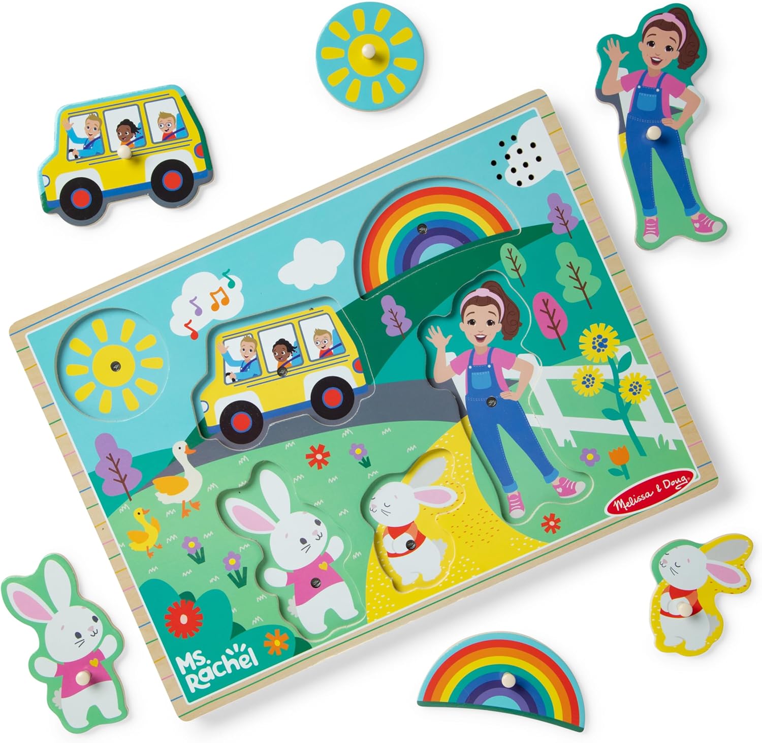 Melissa & Doug Ms. Rachel Wooden Song Peg Puzzle, Light Activated, 6-Piece with Full Songs, Toddler Toys for Boys and Girls Ages 2-5+ Years – FSC Certified