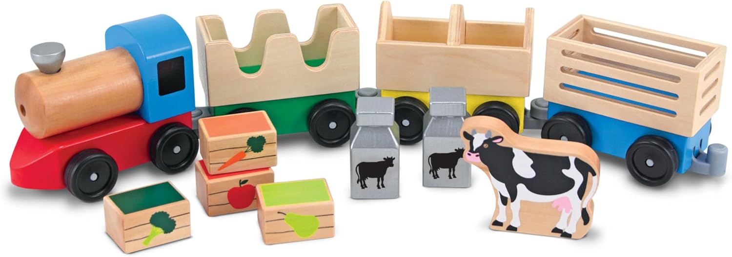 Melissa & Doug Wooden Farm Train Set – Classic Wooden Toy (3 linking cars)