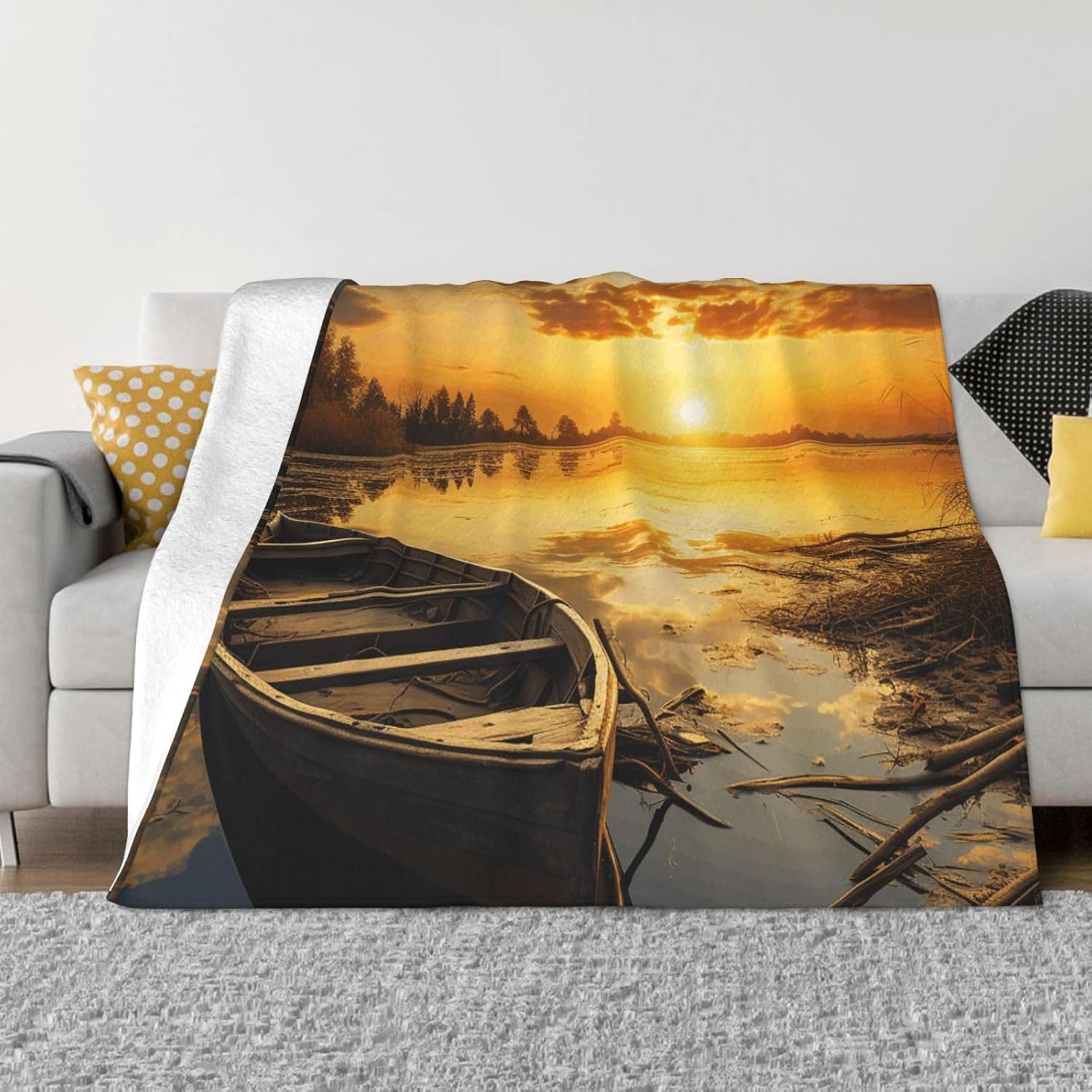 River Sunset Wooden Boat Blankets for Couch Soft Fleece Throw Blanket Luxury Flannel Lap Blanket Gifts Lightweight Air Conditioning Blankets Fuzzy Cozy Throws for All Seasons