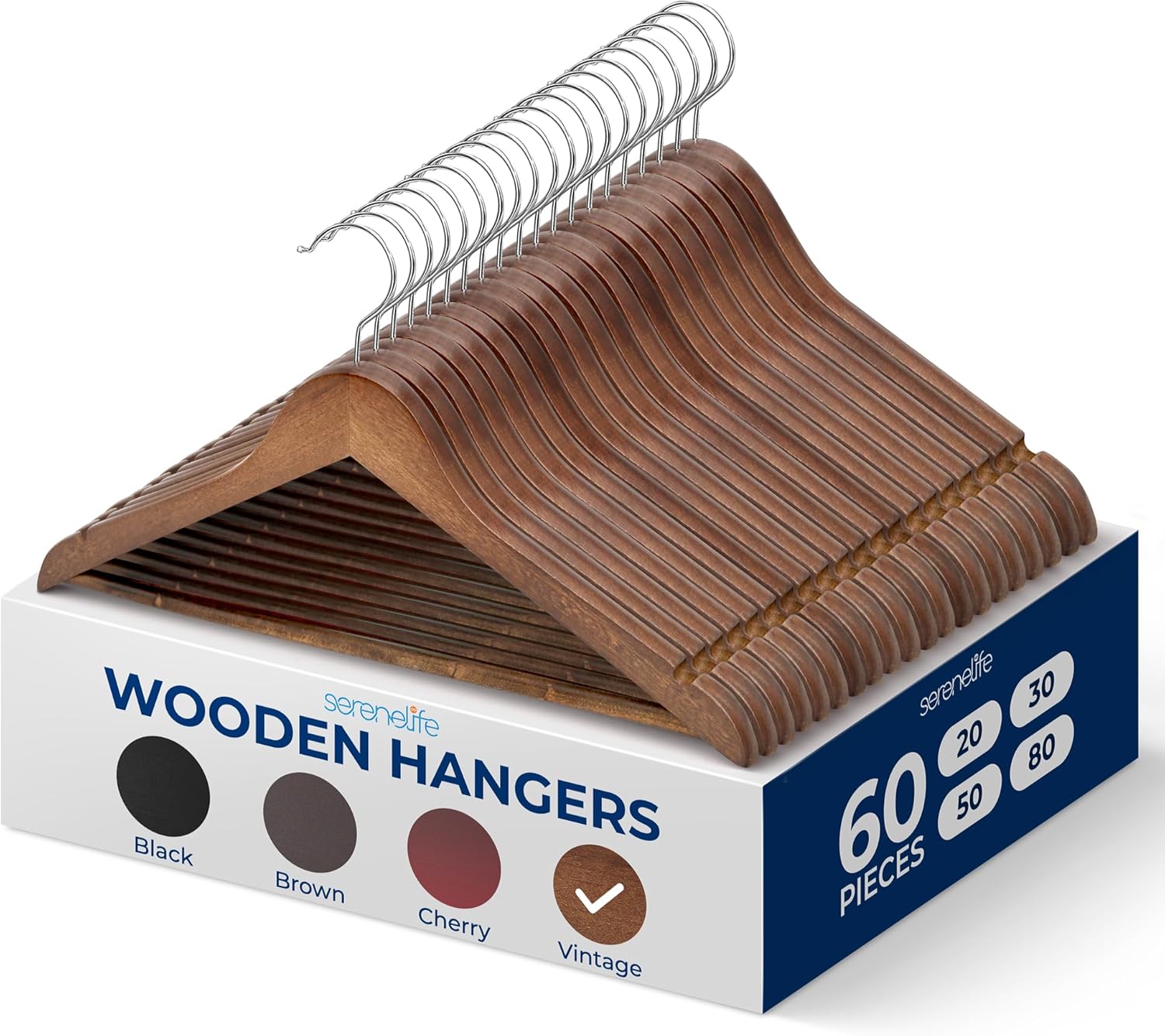 SereneLife 60-Pack Vintage Wooden Suit Hangers – Heavy-Duty, Non-Slip Clothes Hanger Set with 360° Chrome Swivel Hook & Notches – Solid Wood Coat Hangers for Suits, Jackets, Dresses & More