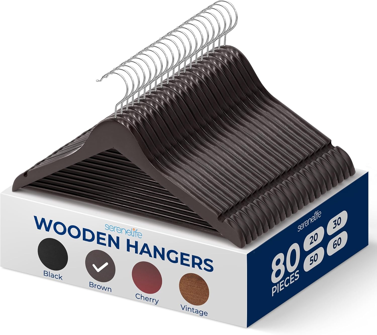 SereneLife 80 Pack Wooden Coat Hangers – Durable Suit Hangers with 360° Swivel Hook & Notches – Slim Design for Shirts, Jackets, Dresses, and More