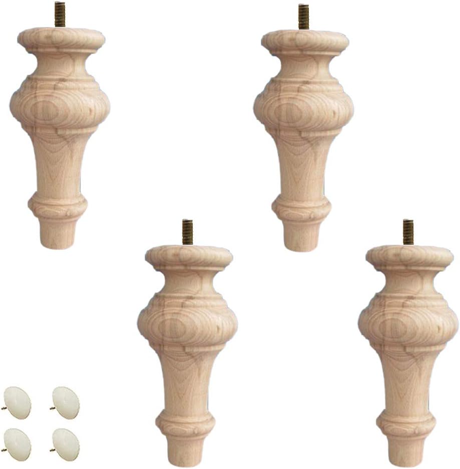 Solid Wood Furniture Legs Set of 4 Unfinished Bun Feet Round Wooden Sofa Legs for Bed Couch Cabinet Bench Chair Ottoman Table TV Stand Loveseat Dresser Beech Hardwood Bolt Mounting M8 8mm St