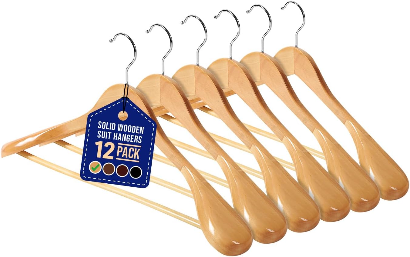 Solid Wooden Hanger Set – 12 Pieces Non-Slip Versatile Closet Space-Saving Hanger Set for Suit, Coat, Camisole, Jacket, Pants, and Dresses with 360° Swivel Hook
