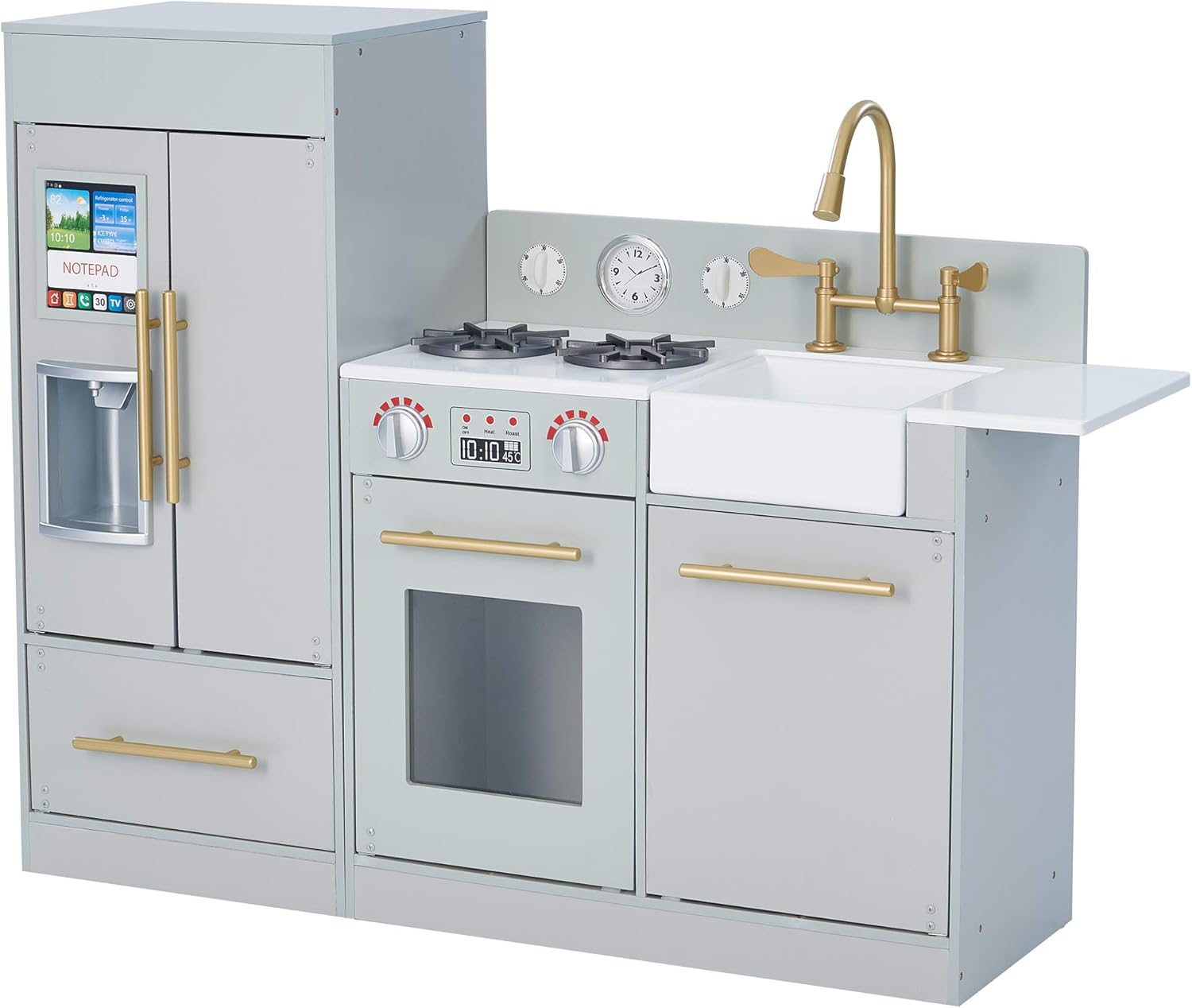 Teamson Kids Little Chef Charlotte Modern Modular Interactive Wooden Play Kitchen with Refrigerator, Stove and Sink in Gray with Gold Accents
