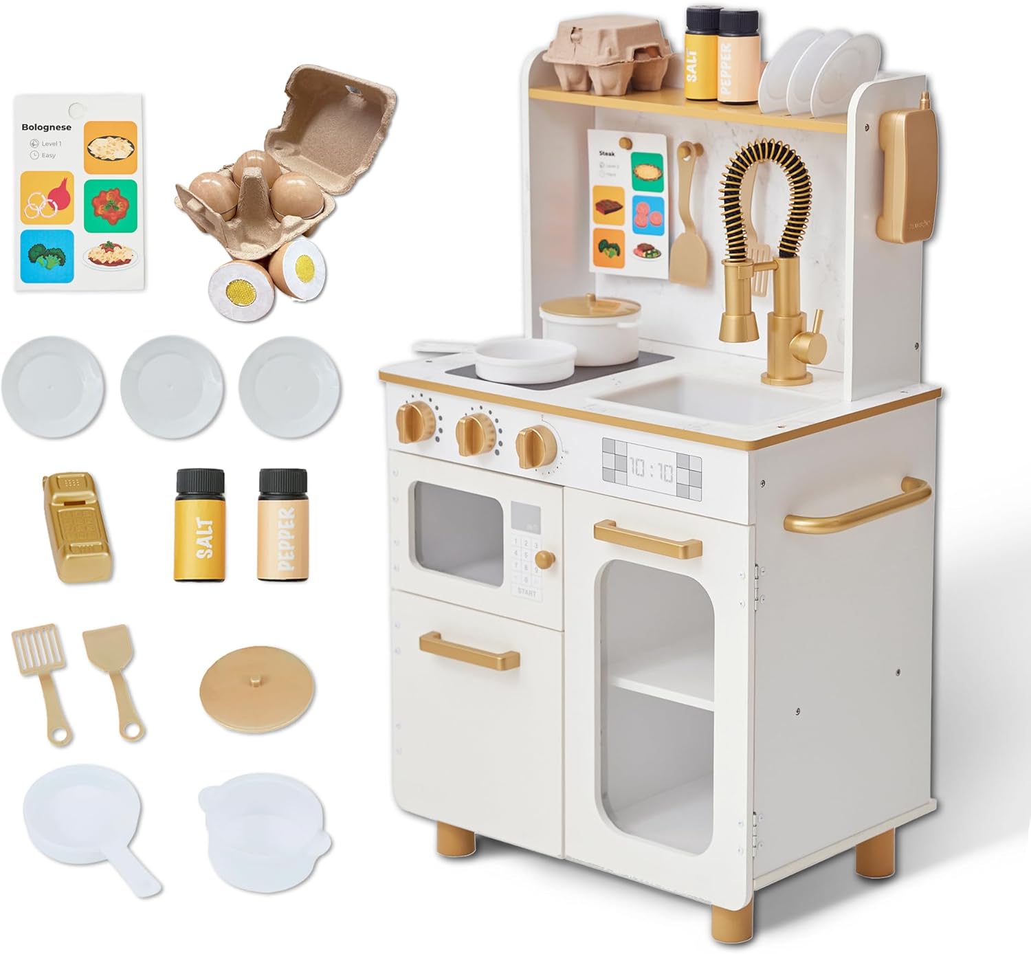 Teamson Kids Little Chef Memphis Wooden Play Kitchen for Toddlers, Kitchen Playset with 16 Accessories, Toy Set with Faucet, Oven, Storage and Realistic Features, White/Gold