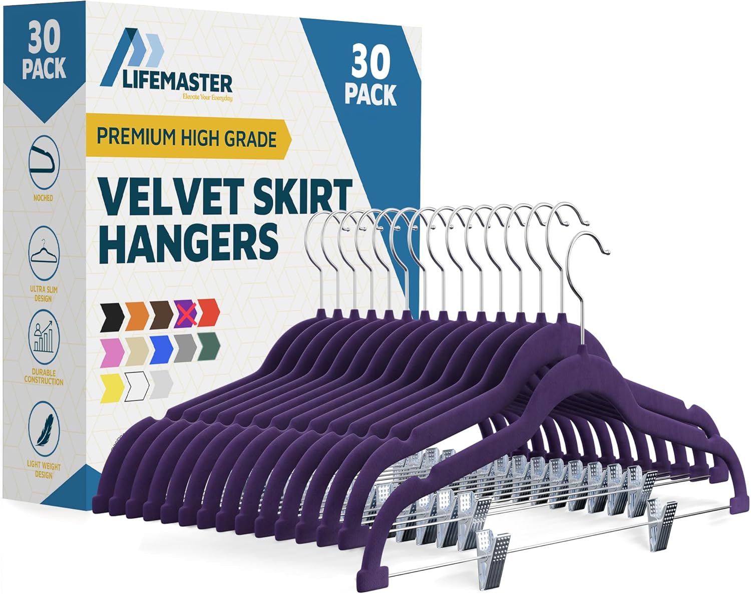 Velvet Skirt Hangers – with Adjustable Clips, 360 Degree Swivel Hook, and Non-Slip Shoulder Notch, Holds Up to 10 lbs, for Organizing Skirt, Pants, Dress, and Clothes, Pack of 30, Purple