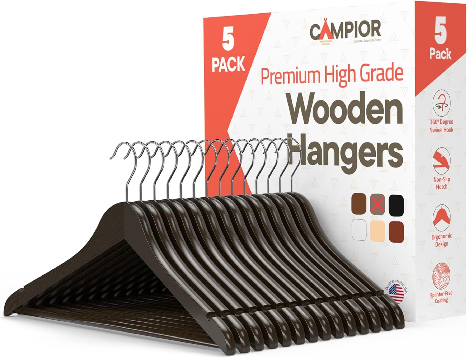 Vintage Wooden Hangers 5 Pack – Heavy-Duty with 360° Swivel Hook, Non-Slip, Pants Bar & Shoulder Grooves – Wooden Hangers for Suits, Jackets, Dresses & Camisoles, Space-Saving and Smooth Finish