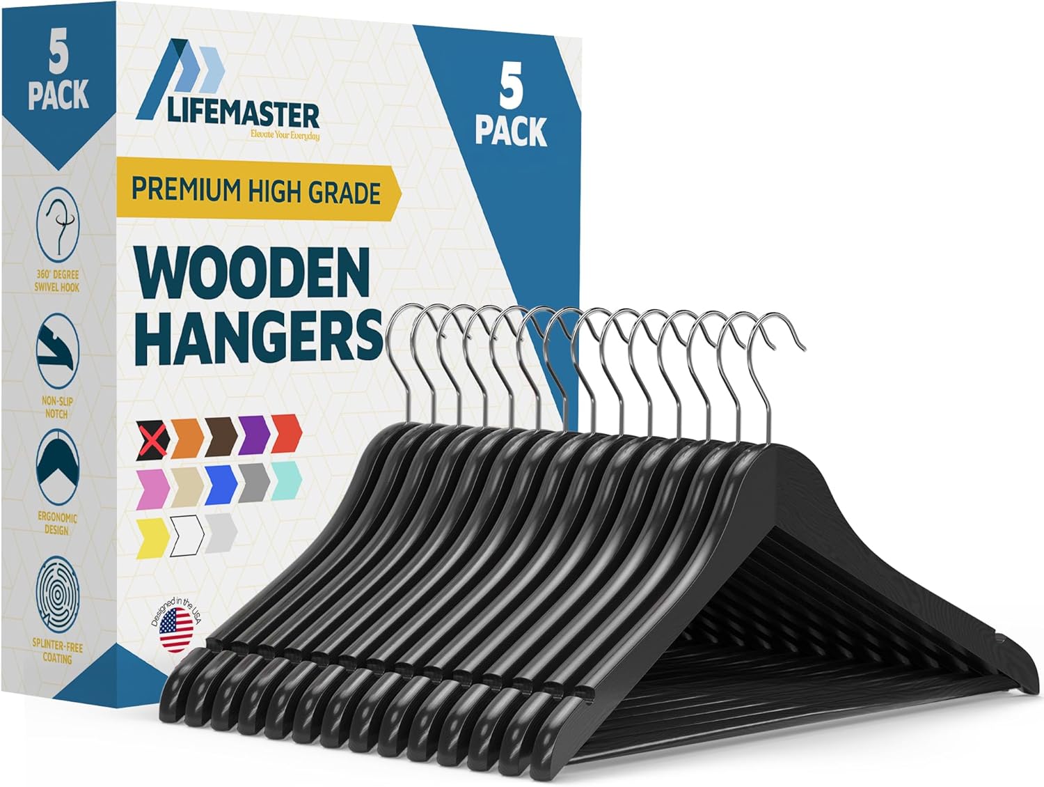 Wooden Clothes Hangers – with 360 Degree Swivel Hook and Non-Slip Shoulder Notch, Holds Up to 10 lbs, Pants Bar Design, for Organizing Suit, Dress, Coat, and Clothes, Pack of 5, Black