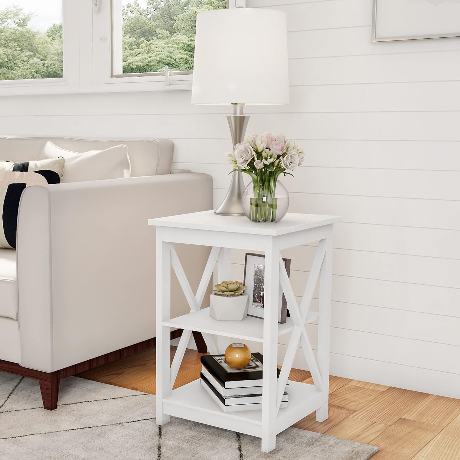 Wooden End Table – Modern Style Sofa Side Table with X-Leg Design and Two Shelves – Small Furniture for Living Room or Bedroom by Lavish Home (White)