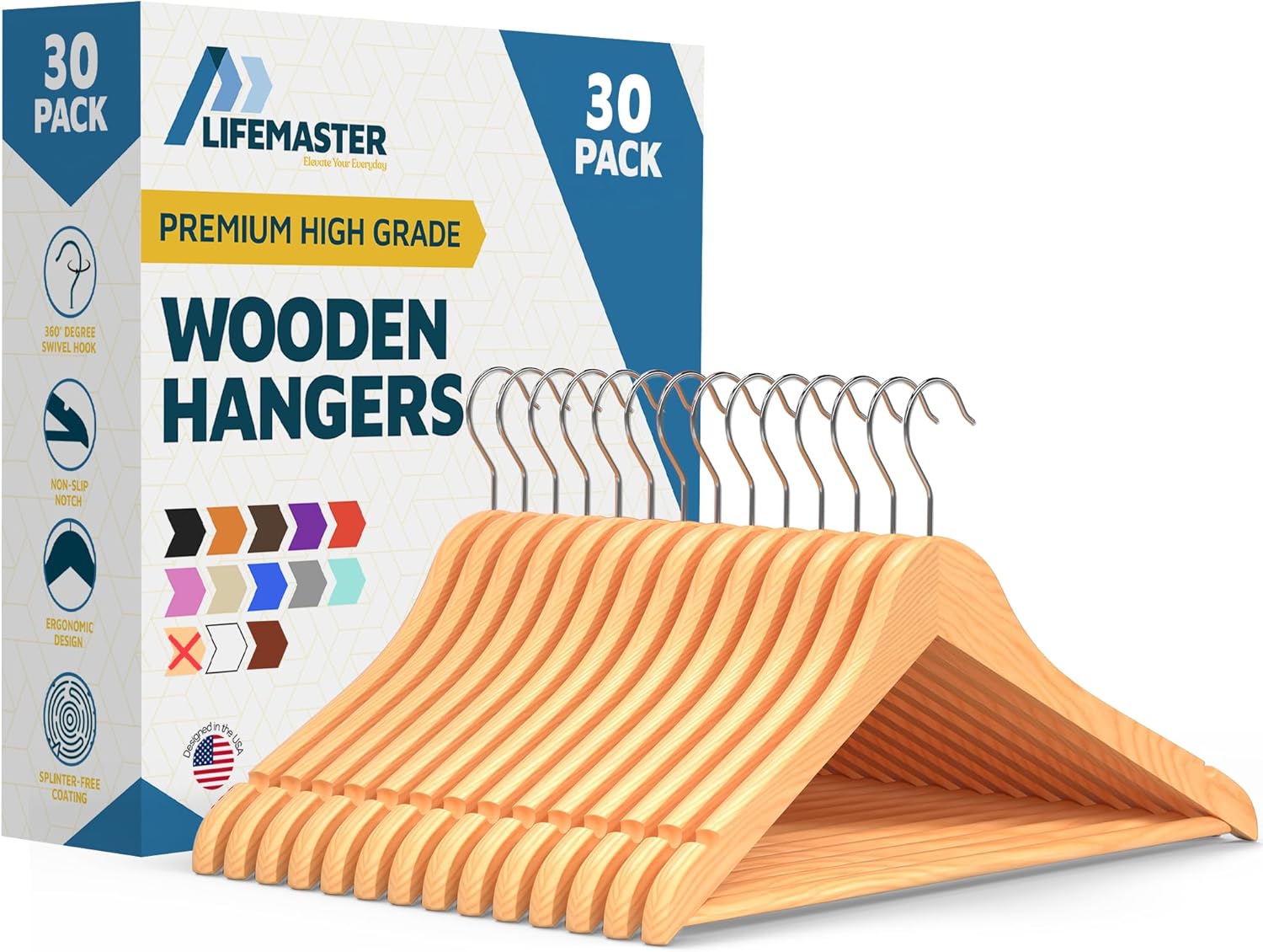 Wooden Hanger Set – 30 Pieces Non-Slip Versatile Closet Space-Saving Hanger Set for Suit, Coat, Camisole, Jacket, Pants, and Dresses with Rotating Swivel Hook – Natural Wood