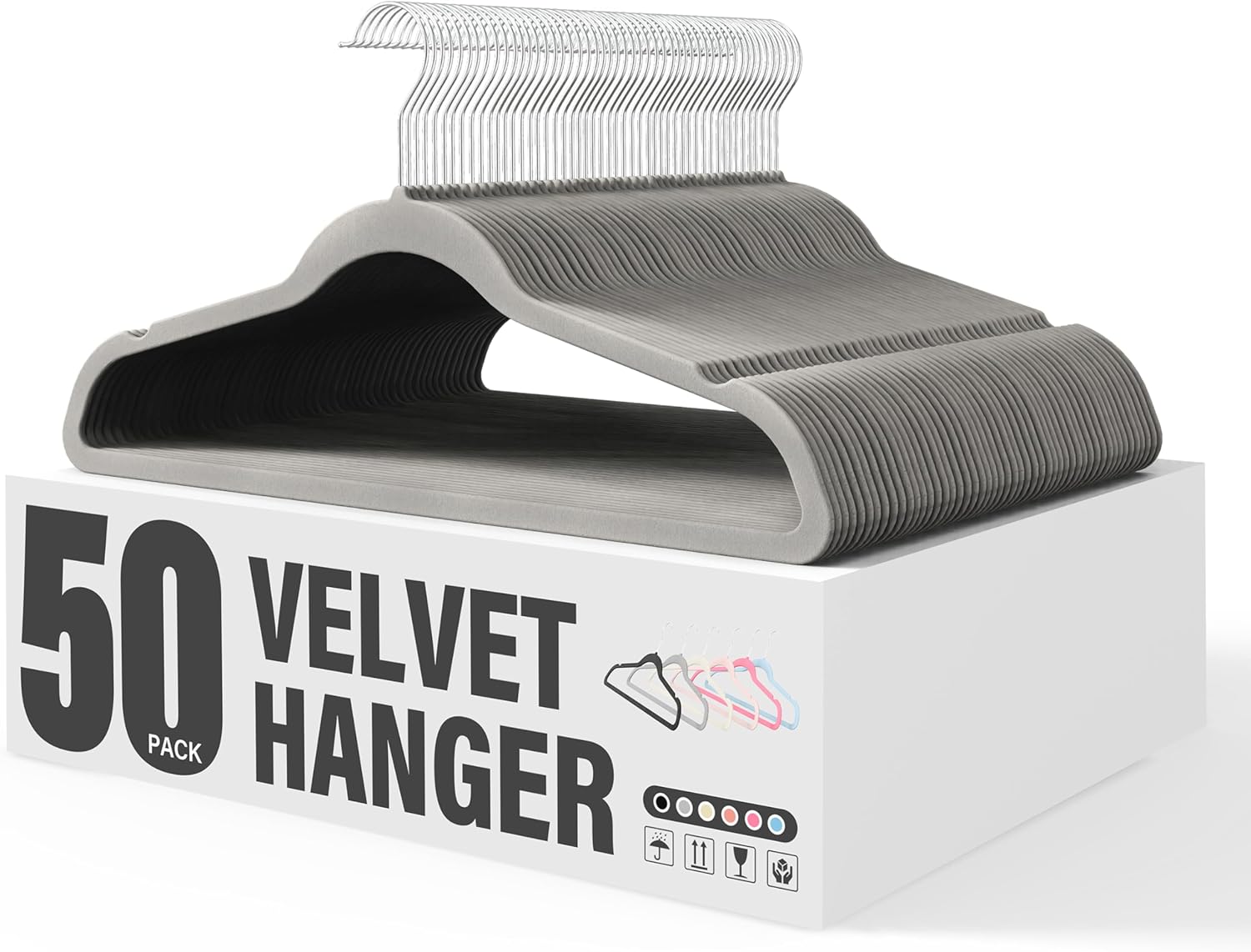 YSSOA Velvet Hangers 50 Pack, Non-Slip Clothes Hangers with Shoulder Notches, 360° Swivel Hooks, Heavy Duty Standard Hanger for Closet Space Saving, Grey
