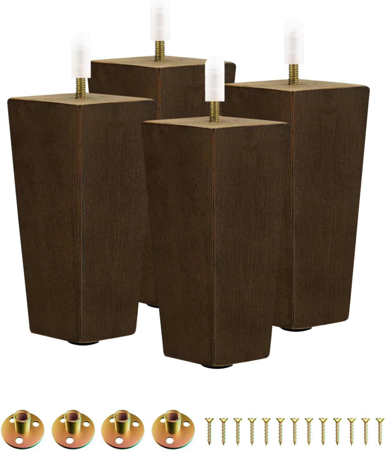 Yes4All 6 Inches Square Wood Furniture Legs Set of 4 – Wooden Replacement Feet for Couch, Bed, Bench – Adjustable Sofa, Ottomans Tapered Leg with Leveler – Brown Rubber Wood Parts for Table, Chair